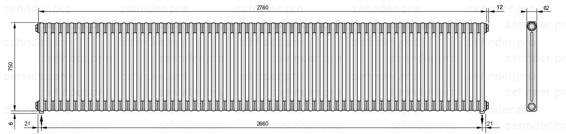 Схема (чертеж) Радиатор Zehnder Charleston 2075/60 №5310 Белый глянцевый RAL 9016